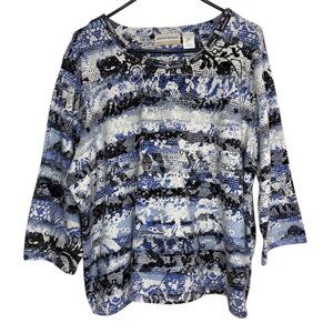 Alfred Dunner Womens 3X Blue Black Abstract 3/4 Sleeve Top With Rhinestone Trim